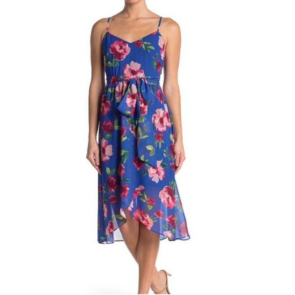 Vince Camuto Women’s‎ 4P Blue Floral Dress Spaghetti Straps V Neck Layered